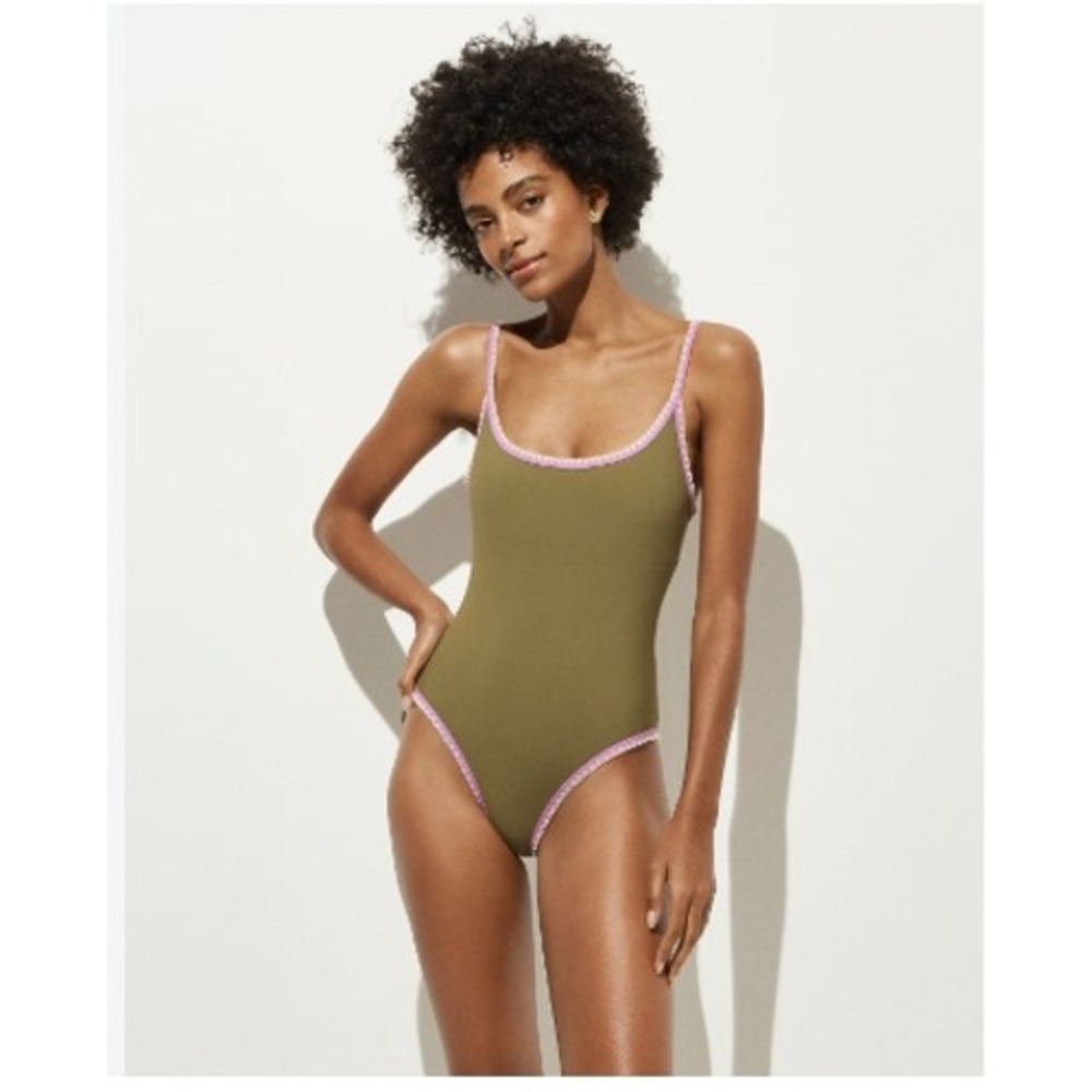 J.Crew Crochet-Trim Scoopback One-piece Size 10 Olive Green Pink Swimsuit